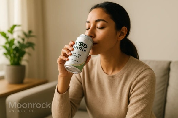 Lifestyle photo of a young woman relaxing at home with Moonrock Online Shop CBD Seltzer for anxiety and stress relief.
