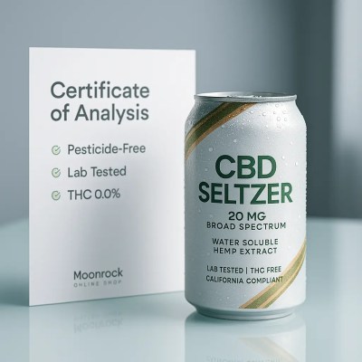 Close up of Moonrock Online Shop CBD Seltzer can with Certificate of Analysis showing pesticide free, THC-free, lab-tested assurance.