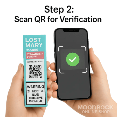 Lost Mary OS5000 QR code scan verification demo — Step 2: Scan QR for authenticity check — Moonrock Online Shop