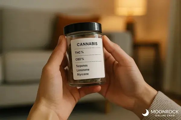 Hands holding a cannabis jar and examining the label in a cozy living room, with Moonrock Online Shop logo.