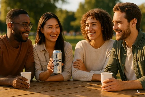 Diverse friends smiling at a park picnic table; one holds a Moonrock CBD drink—social, relaxed, trustworthy vibe.