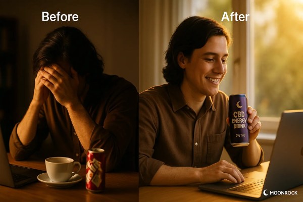 Before/After diptych: stressed, cluttered desk vs tidy, calm workspace with Moonrock CBD Energy Drink, golden-hour ligh