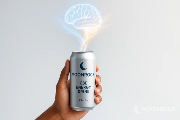 Hand holding Moonrock CBD Energy Drink; blue calm waves and golden energy strands swirl to an illuminated brain, minimalist background.