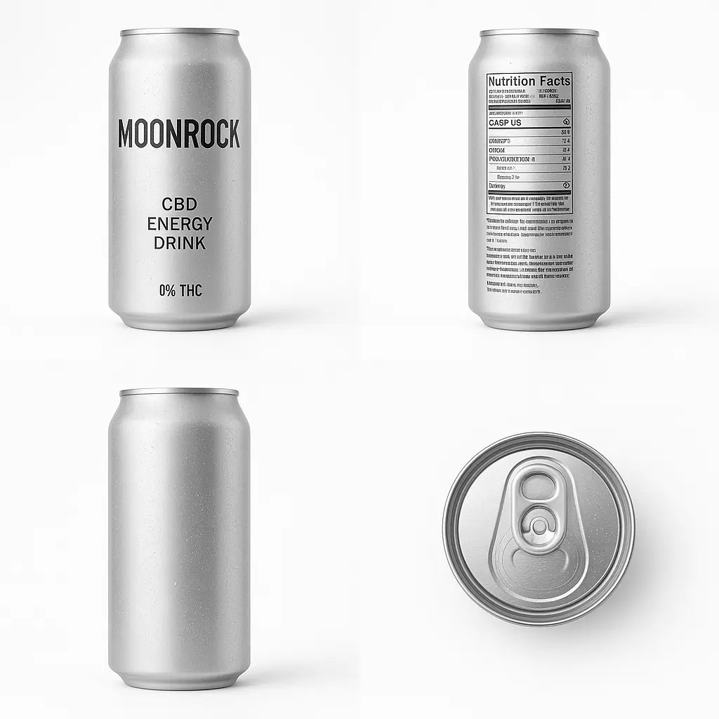 Moonrock CBD Energy Drink can on pure white background—front label, 0% THC visible, e-commerce studio lighting.