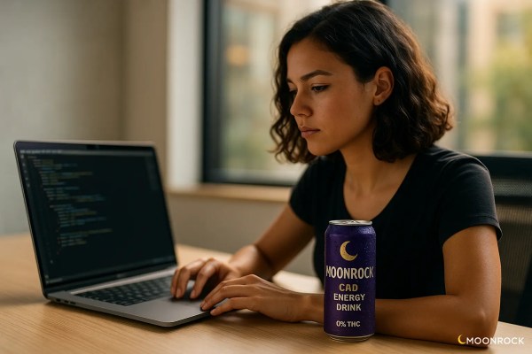 Female software developer in deep focus coding on a laptop; Moonrock CBD Energy Drink can beside the keyboard in a modern office
