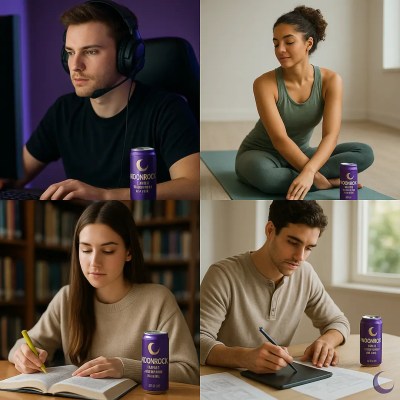Collage of four scenes—gamer, athlete on a yoga mat, student in a library, and designer sketching—each with a Moonrock CBD Energy Drink can.