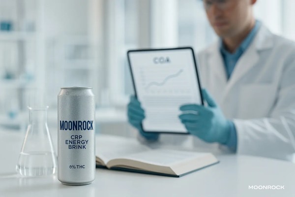 Moonrock CBD Energy Drink can on a lab bench beside a beaker; technician in white coat holds a tablet showing a COA graph.