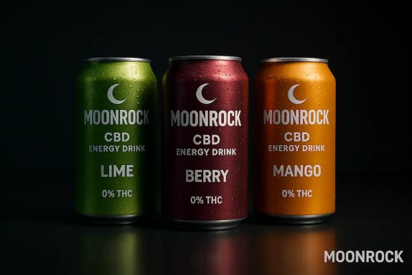 Lime, Berry, Mango—on a reflective surface with condensation, dramatic lighting, dark gradient background