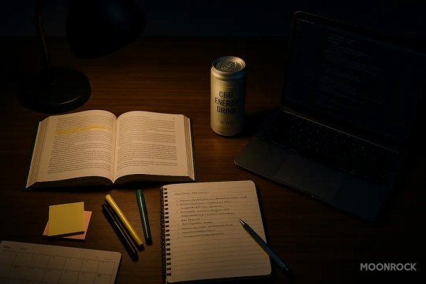 Organized night study flat lay with textbook, notes, laptop, and Moonrock CBD Energy Drink can under a warm desk lamp—productive, sustained energy.