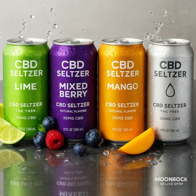 Moonrock CBD Seltzer Variety Pack - Refreshing Lime, Mixed Berry, Mango, and Pure Sparkling Water Flavors for Calm. Lab-Tested, THC-Free.