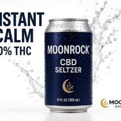 Cold Moonrock CBD Seltzer can with droplets and splash; bold INSTANT CALM, 0% THC.
