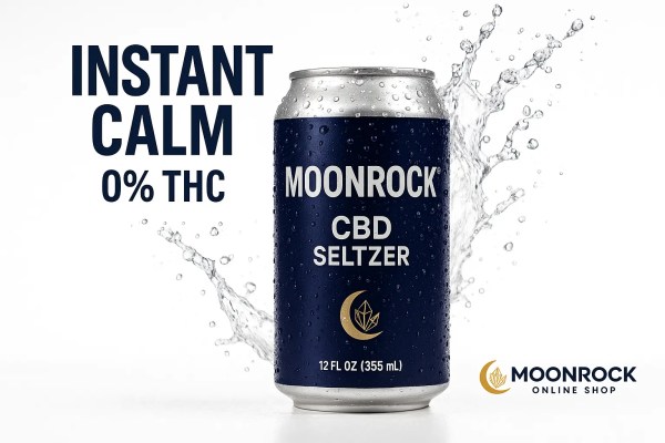 Cold Moonrock CBD Seltzer can with droplets and splash; bold INSTANT CALM, 0% THC.