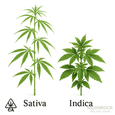 Side-by-side comparison of cannabis sativa and cannabis indica plants showing tall, slender sativa leaves versus short, bushy indica leaves on a clean white background – Moonrock Online Shop