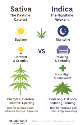 Modern infographic showing cannabis sativa vs indica effects with icons for creativity, energy, relaxation, and pain relief – Moonrock Online Shop