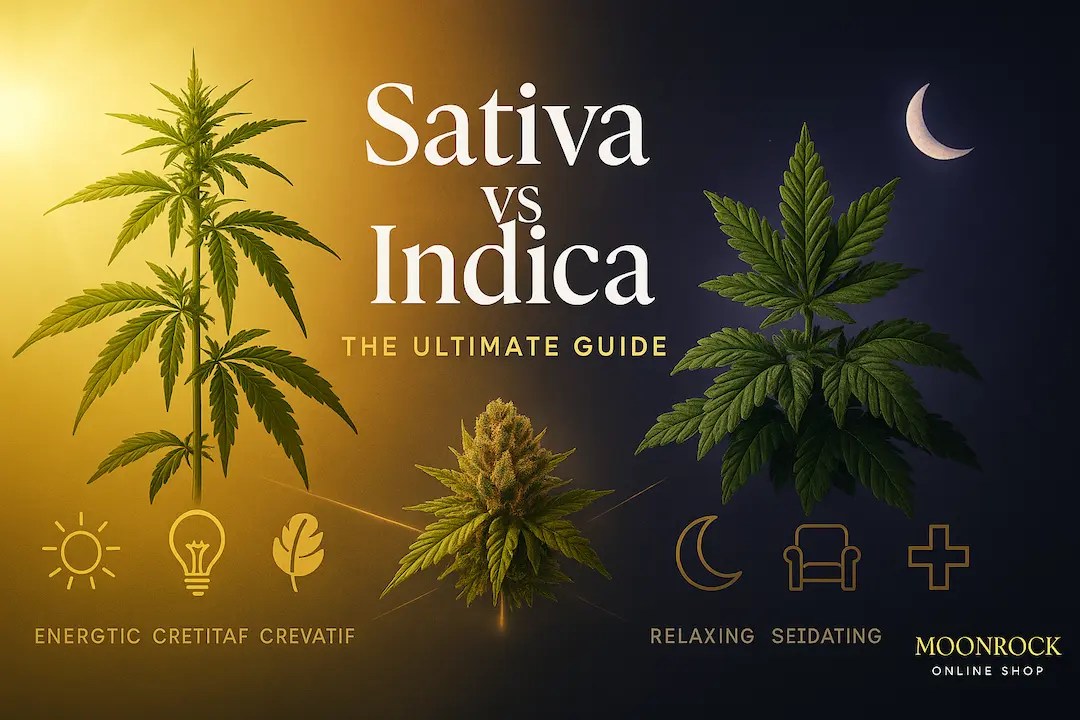 Sativa vs Indica cannabis strains hero image with split-screen design showing energizing Sativa and relaxing Indica effects – Moonrock Online Shop