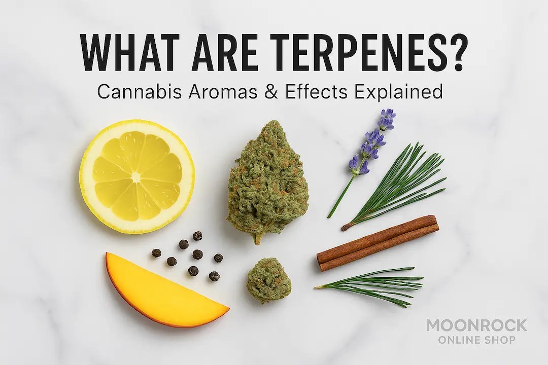 What are terpenes? Cannabis terpene spotlight with bud, lemon, mango, lavender, pine needles, black peppercorns, and cinnamon on marble background, educational hero image by MoonRock Online Shop Los Angeles