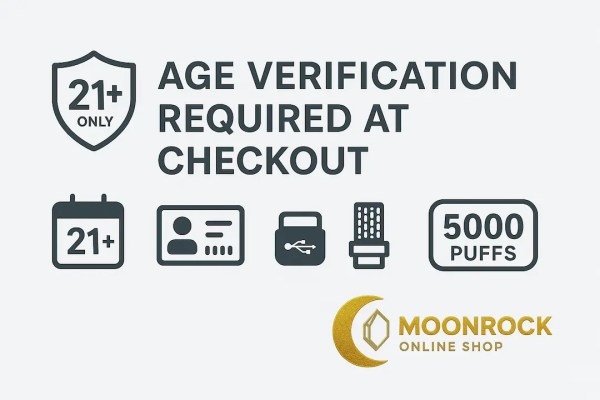 21+ age verification notice with icons for ID check, USB-C recharge, mesh coil, 5000 puffs, and Moonrock Online Shop logo