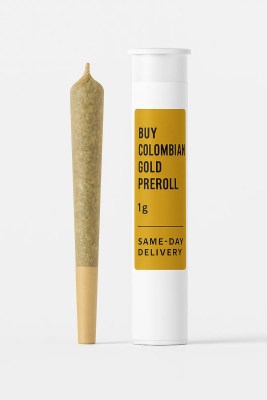 Premium Colombian Gold preroll 1g joint from Moonrock Online Shop with golden label, shown beside sealed white tube packaging on a clean white background, same-day California delivery available.