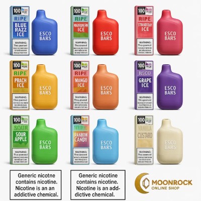 Order Esco Bars Ripe Edition disposable vapes—12-flavor lineup with retail boxes and nicotine disclaimer; 6000 puffs and USB-C—Moonrock Online Shop