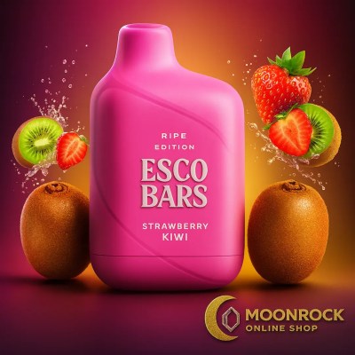 Order Esco Bars Ripe Edition Strawberry Kiwi disposable vape, 6000 puffs, USB-C rechargeable, premium pink device with kiwi and strawberry splash – Moonrock Online Shop