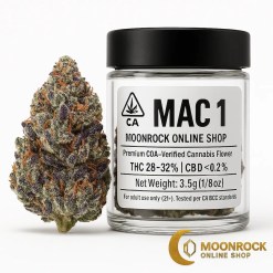 Buy Mac 1 strain cannabis flower with CA-compliant jar and frosty nug beside it on a white seamless background, showing Moonrock Online Shop logo and label details