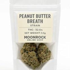 Buy Peanut Butter Breath strain online from Moonrock Online Shop — premium 3.5g cannabis flower with 32.6% THC, COA-verified, in resealable pouch on white background.