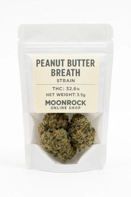 Buy Peanut Butter Breath strain online from Moonrock Online Shop — premium 3.5g cannabis flower with 32.6% THC, COA-verified, in resealable pouch on white background.