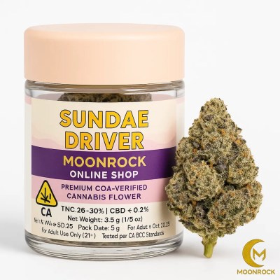 Buy Sundae Driver strain cannabis flower with Moonrock Online Shop branded jar and CA-compliant label on white background