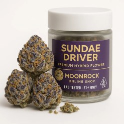 Sundae Driver strain 3.5g lab-tested cannabis flower jar labeled 21+ only from Moonrock Online Shop on white background