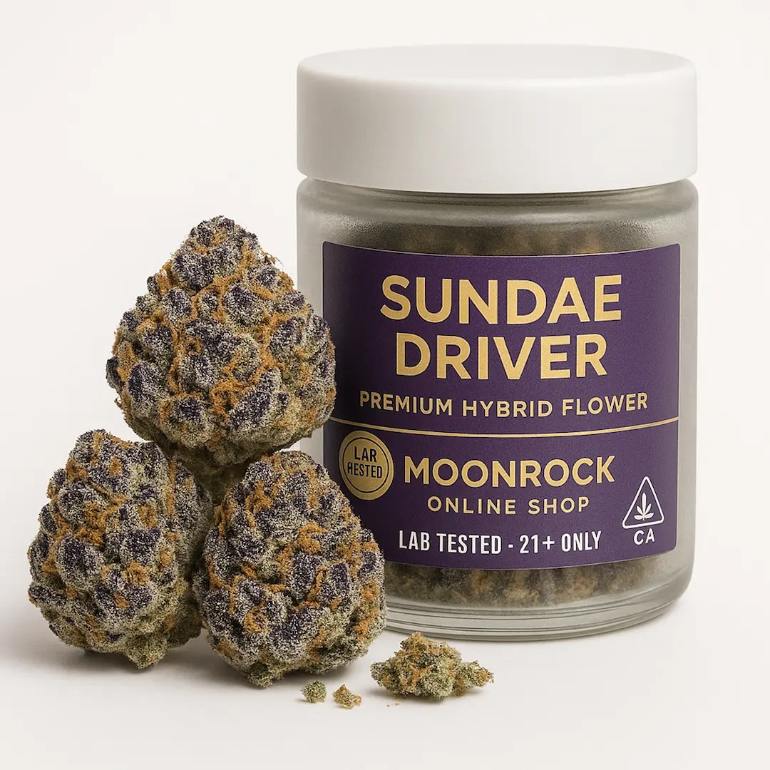 Sundae Driver strain 3.5g lab-tested cannabis flower jar labeled 21+ only from Moonrock Online Shop on white background