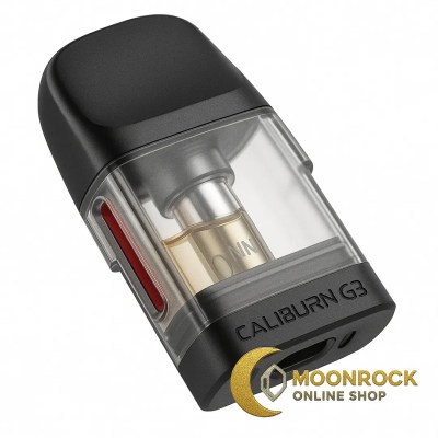 Close-up of a transparent vape pod with visible e-liquid level and red fill plug