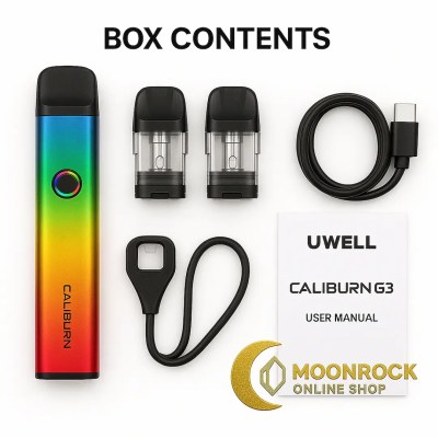 Flat-lay of a complete Caliburn G3 starter kit showing the rainbow device, two refillable pods, USB-C charging cable, user manual, and accessories with Moonrock Online Shop logo
