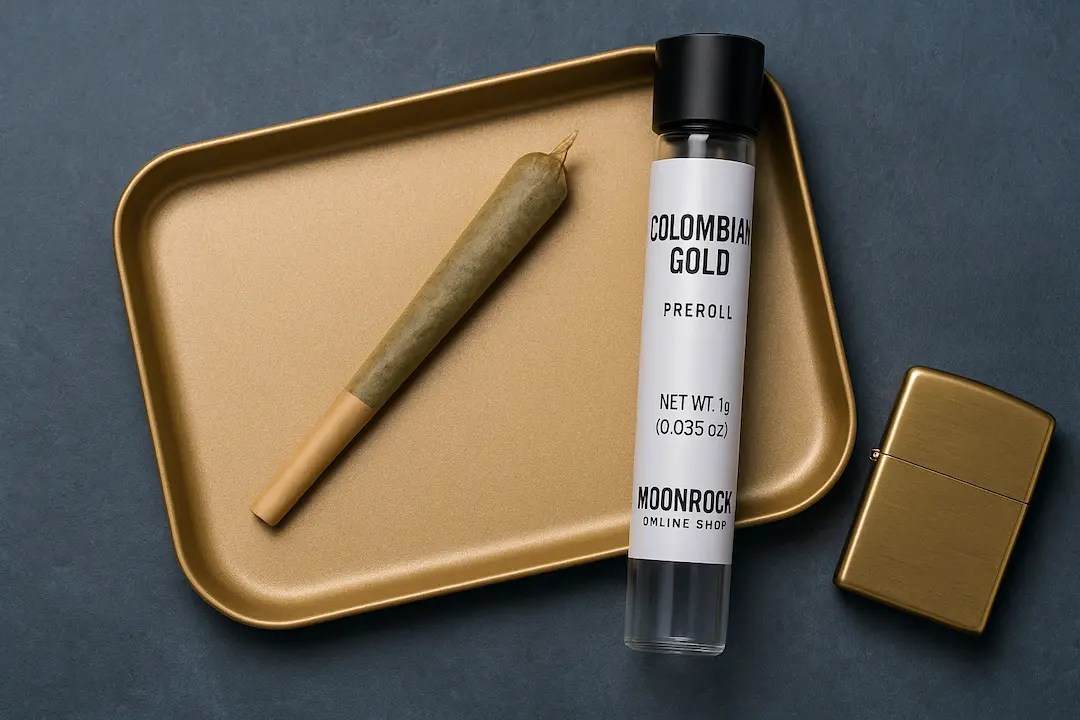 Premium Moonrock Colombian Gold cannabis 1g jar beside dense golden-green bud, matte-black label with gold accents and Moonrock Online Shop logo.