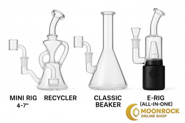 Mini rig, recycler, classic beaker, and e-rig lineup on a white background with labels Title: Dab Rig Types — Mini • Recycler • Beaker • E-Rig