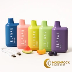 Elf Bar BC5000 flavor collection on a white background with five colorful vapes, matching fruit props, USB-C cable, and Moonrock Online Shop logo.