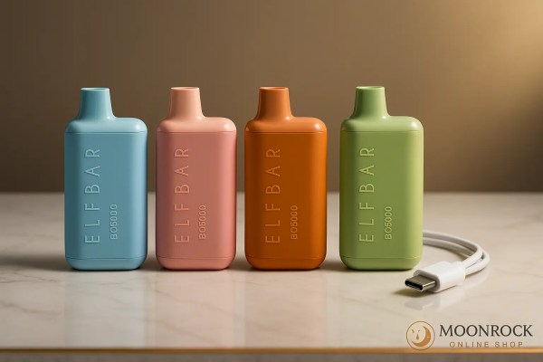 Elf Bar BC5000 disposable vapes in four colors on marble with USB-C cable, rechargeable 5000-puff design