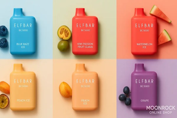 Top Elf Bar BC5000 flavors in a pastel color-block grid with matching fruit props: Blue Razz Ice, Watermelon Ice, Kiwi Passion Fruit Guava, Peach Ice, and Grape.