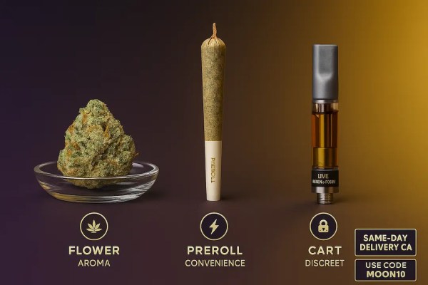 Peanut Butter Breath flower, preroll, and vape cart lineup with badges for aroma, convenience, and discreet use