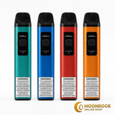 Four Uwell Caliburn G3 pod vapes in teal, blue, red, and orange on a pure white background with Moonrock Online Shop logo watermark.