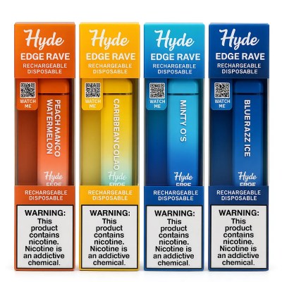 Hyde Edge RAVE vape boxes—Peach Mango Watermelon, Caribbean Colada, Minty O’s, Blue Razz Ice—with nicotine warning label.
