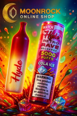 Hyde Retro RAVE Cola Ice vape and packaging with cola splash, ice cubes, and Moonrock Online Shop logo—colorful ad
