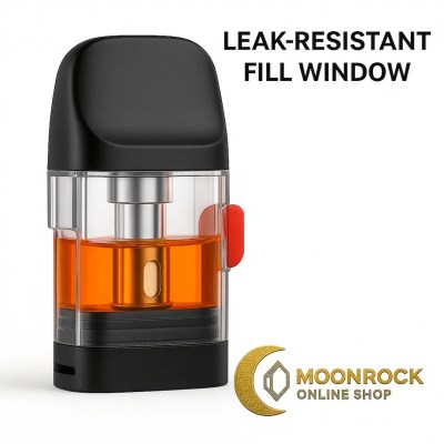 Close-up of refillable vape pod showing transparent e-liquid chamber, red silicone fill plug, and anti-leak design with Moonrock Online Shop logo
