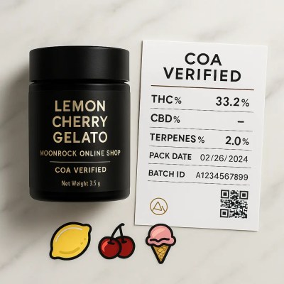 Lemon Cherry Gelato COA verified cannabis jar beside lab report card showing 33.2% THC, 2.0% terpenes, pack date, and batch ID with lemon, cherry, and gelato icons on marble background.