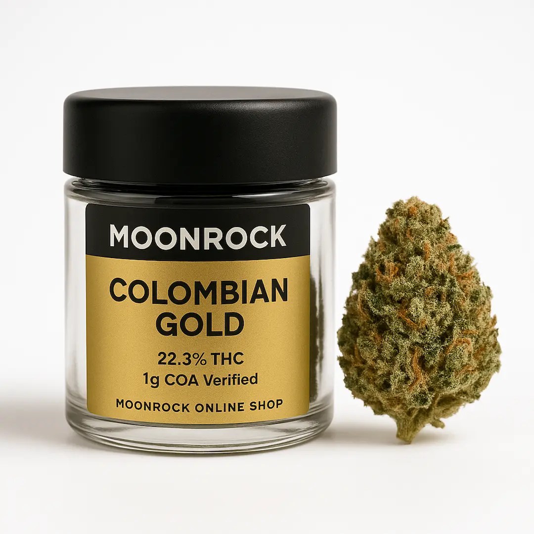 Premium Moonrock Colombian Gold cannabis 1g jar beside dense golden-green bud, matte-black label with gold accents and Moonrock Online Shop logo.