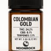 Transparent glass jar with gold label reading “Moonrock Colombian Gold 22.3 % THC 1g COA Verified,” displayed beside golden cannabis bud.