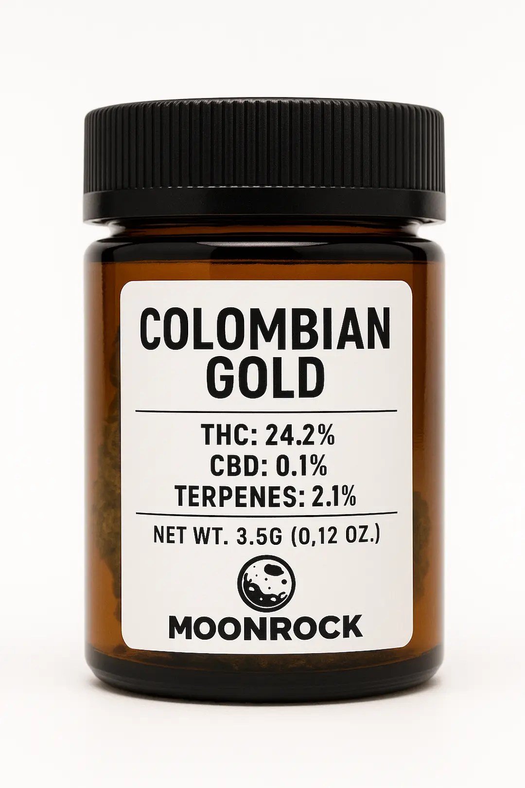 Transparent glass jar with gold label reading “Moonrock Colombian Gold 22.3 % THC 1g COA Verified,” displayed beside golden cannabis bud.