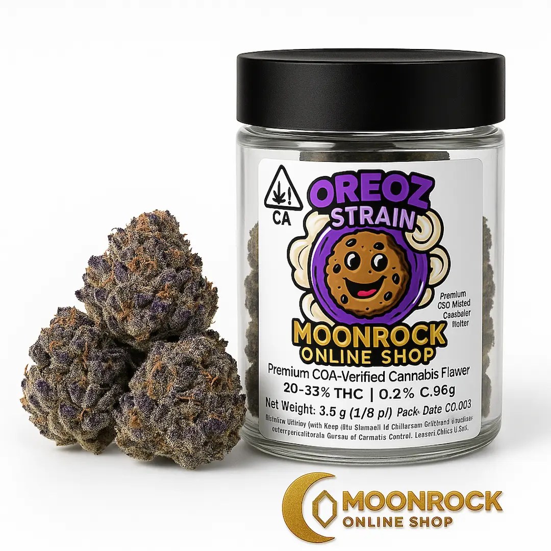 Oreoz strain 3.5g cannabis flower in CA-compliant jar showing THC triangle, batch details, and Moonrock Online Shop logo on white background