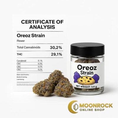 Oreoz cannabis flower and jar beside COA lab report and Moonrock Online Shop gold logo on white background