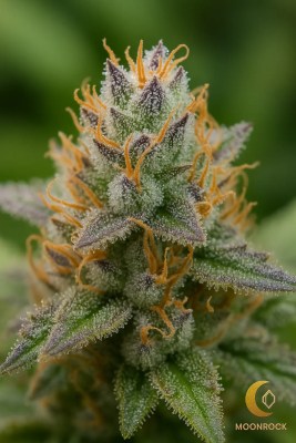 Macro photo of Oreoz cannabis flower growing on plant showing dense trichomes, purple hues, and orange pistils under natural sunlight