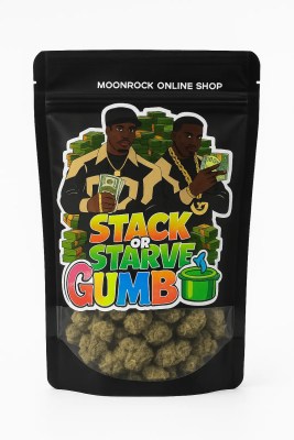 Stack or Starve Gumbo cannabis bag with Moonrock Online Shop branding on a white background